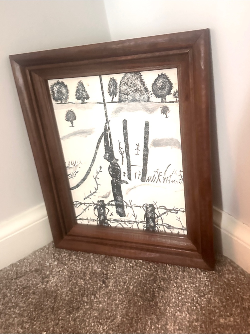 Vintage handmade folk art landscape painting 10.5x12.5” framed